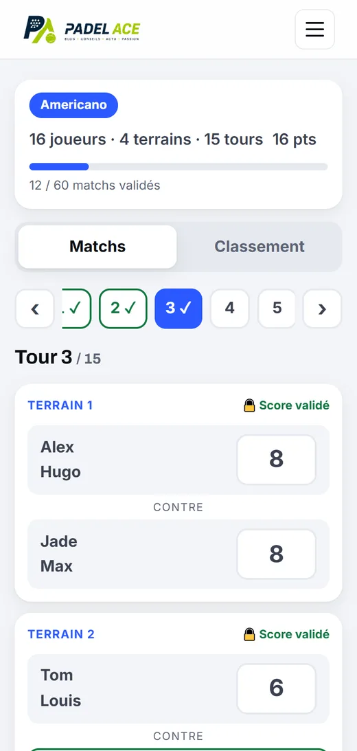 Tour d'un tournoi Americano de padel avec les terrains, les équipes et les scores